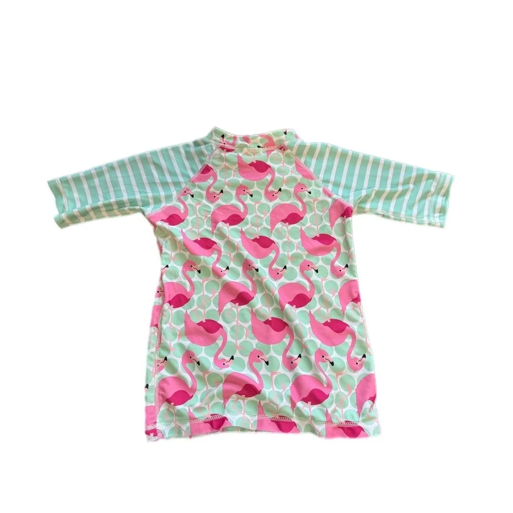 Ruffle Girl Rash Guard Kids Size 10 Pink Flamingo Mint‎ Green Striped Excellent